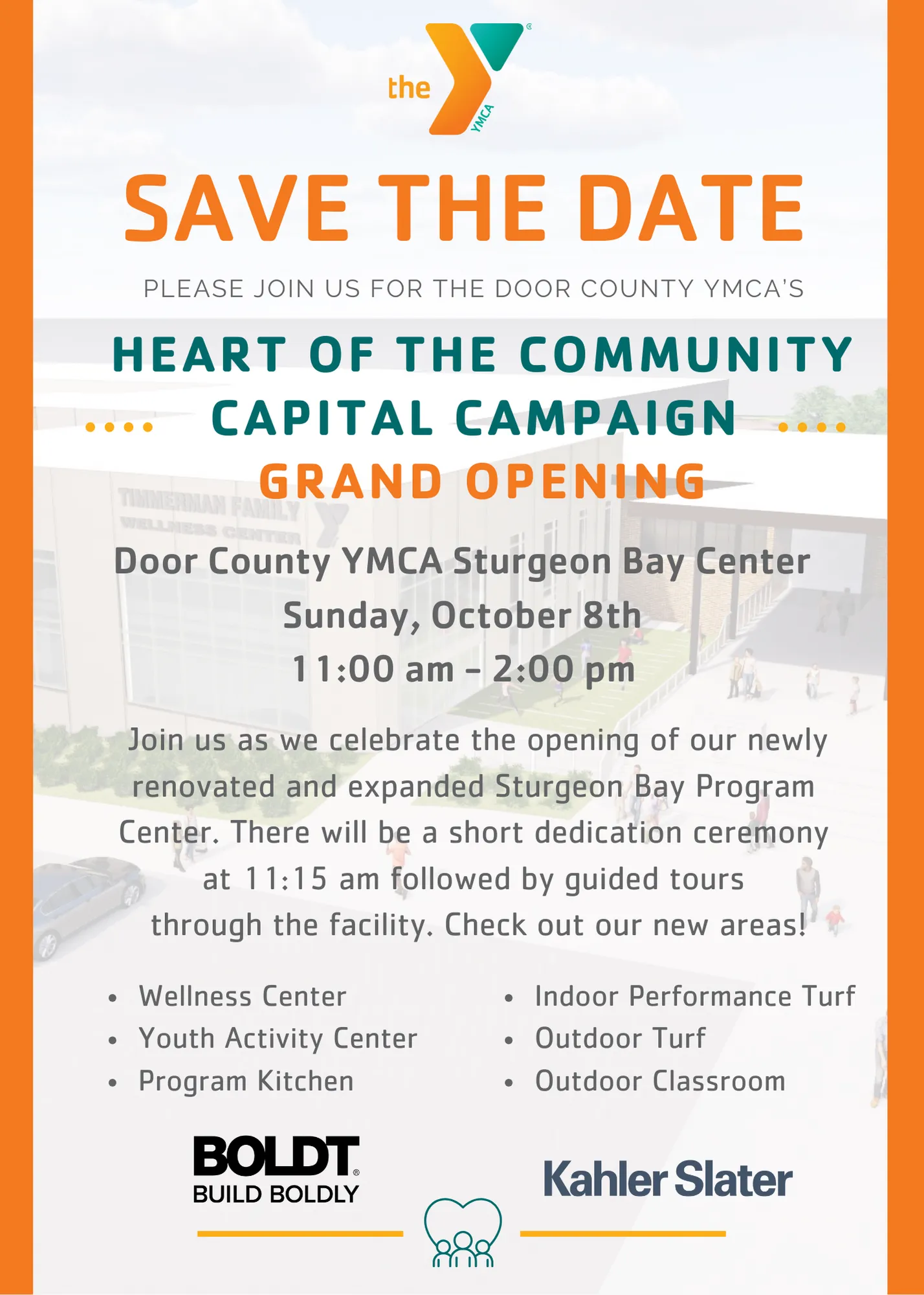 Grand reopening invite - 11 am to 2 pm on October 8 at the Sturgeon Bay Center. Join us as we celebrate the opening of our newly-renovated and expanded Sturgeon Bay Program Center. There will be a short dedication ceremony at 11:15 am followed by guided tours through the facility. Check out our new areas! Wellness Center, indoor Performance Turf, Youth Activity Center, Outdoor Turf, Program Kitchen and Outdoor Classroom.