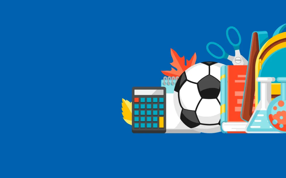 Blue background with sports, steam and school items